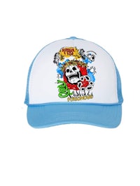 a white and blue trucker hat with a skull on it