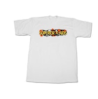 a white t - shirt with an orange and yellow logo on it